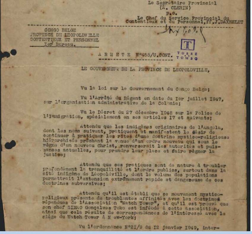 Prisão e expulsão de Simão Gonçalves Toco e seus adeptos (os Tocoístas) do ex Congo Belga, 1949