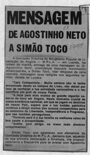 Mensagem de António Agostinho Neto, Presidente do MPLA ao Simão Gonçalves Toco, Fundador do Tocoísmo.